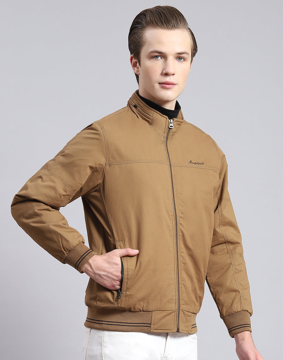 Men Brown Solid Stand Collar Full Sleeve Jacket