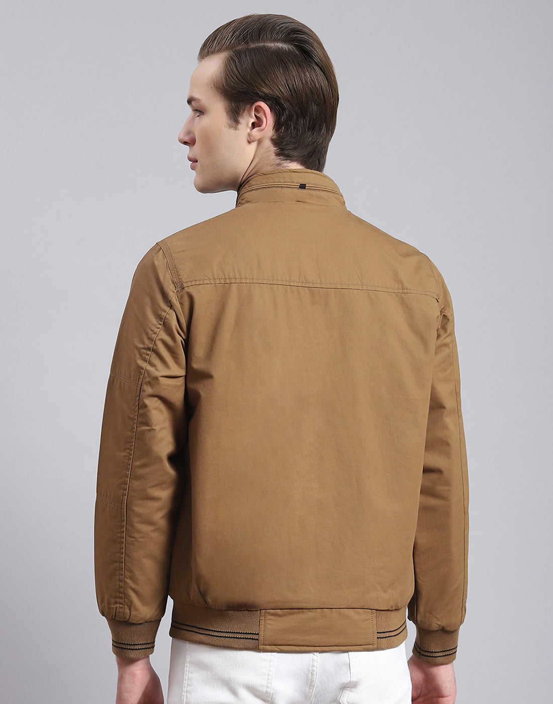 Men Brown Solid Stand Collar Full Sleeve Jacket