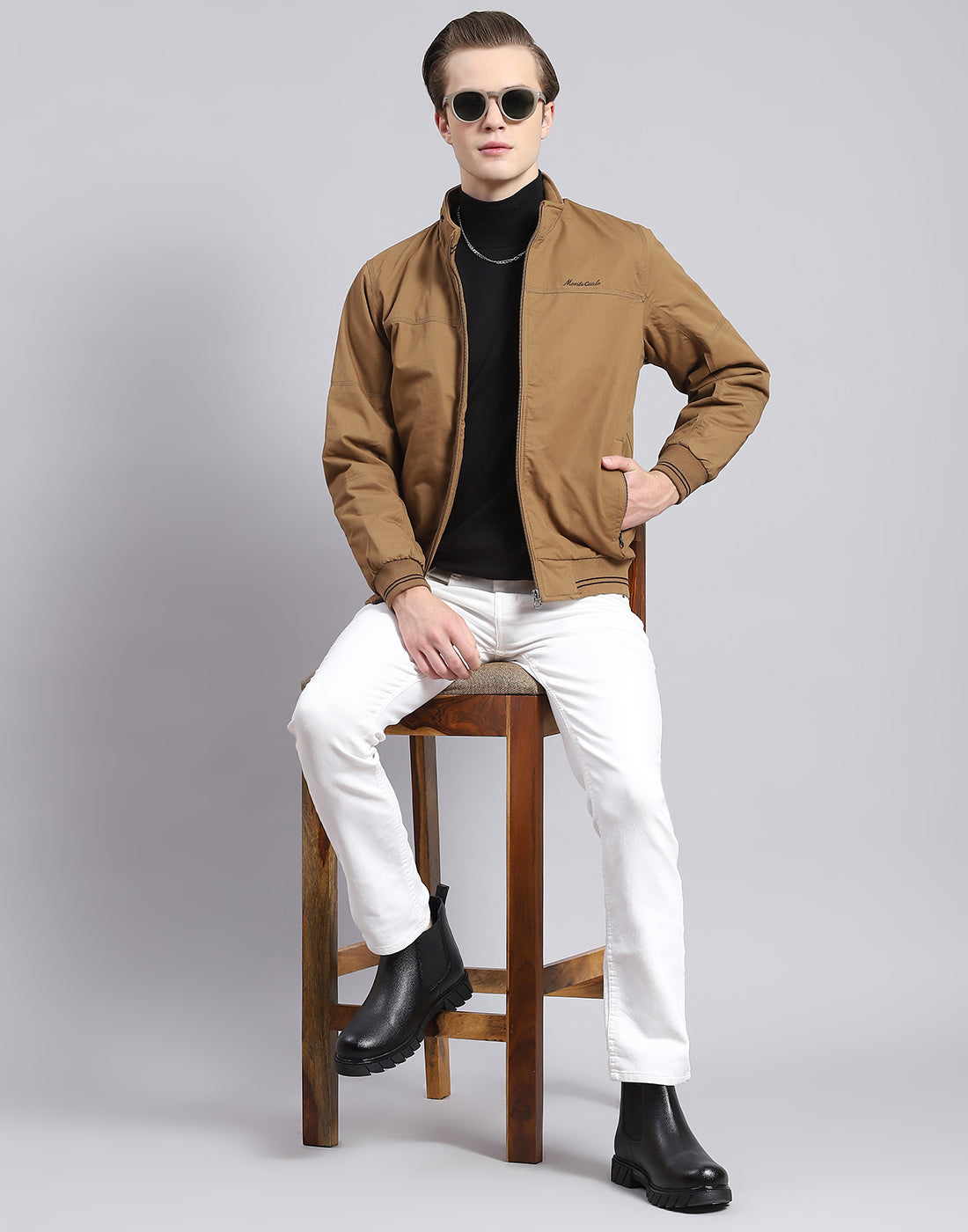 Men Brown Solid Stand Collar Full Sleeve Jacket