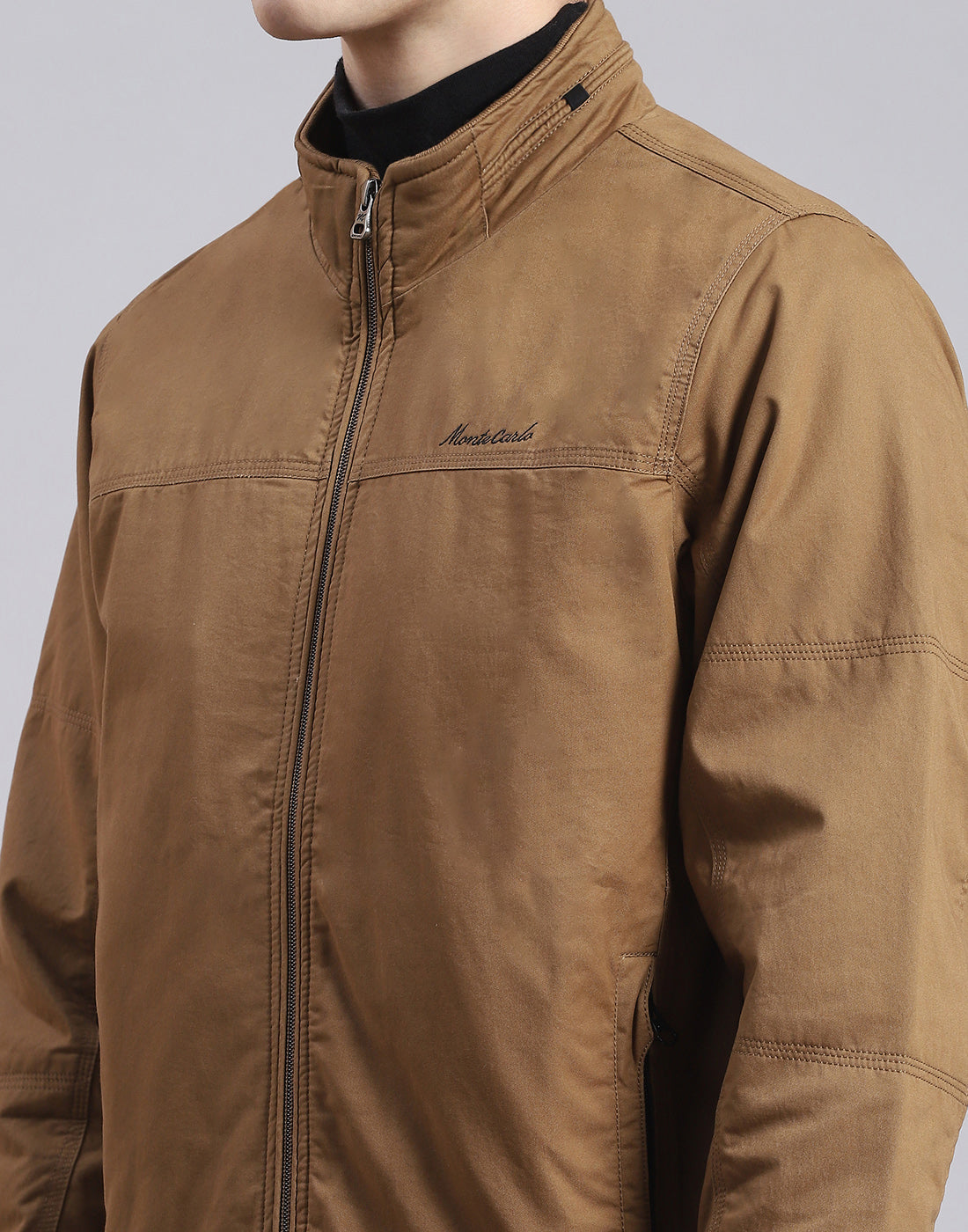 Men Brown Solid Stand Collar Full Sleeve Jacket