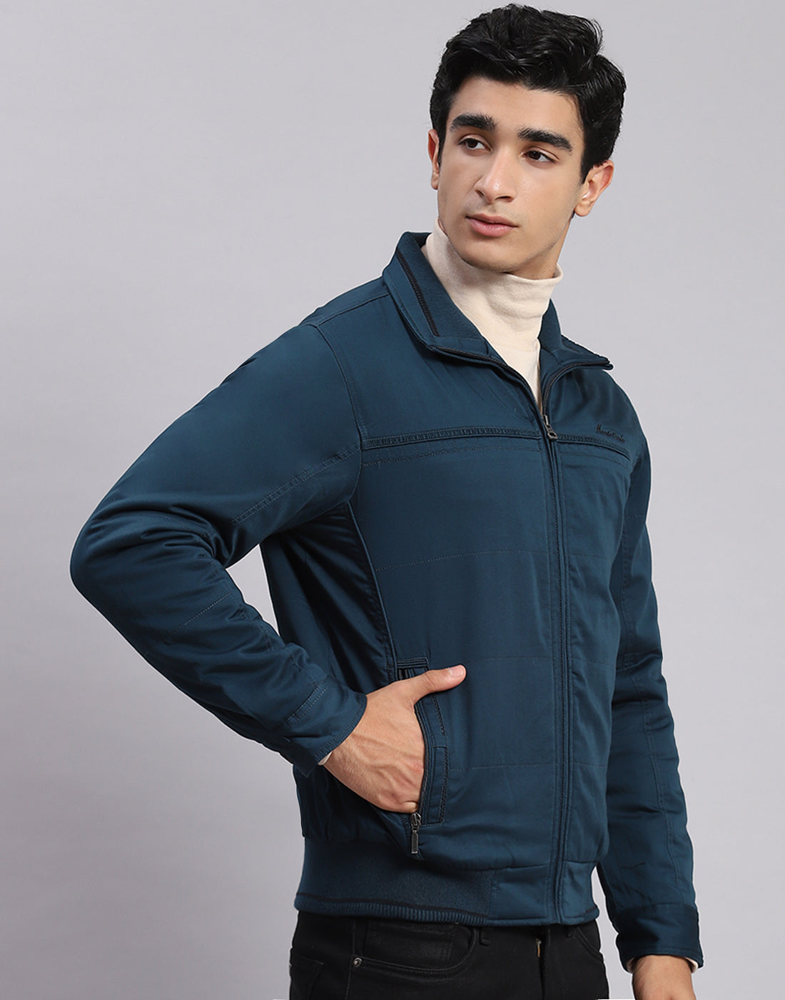 Men Teal Blue Solid Spread Collar Full Sleeve Jackets