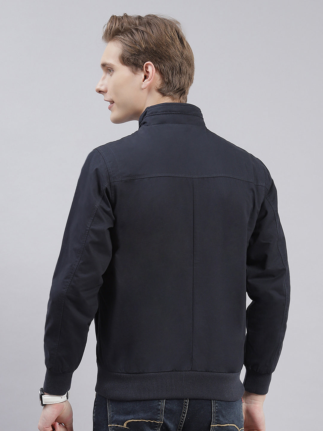 Men Navy Blue Solid Stand Collar Full Sleeve Jackets