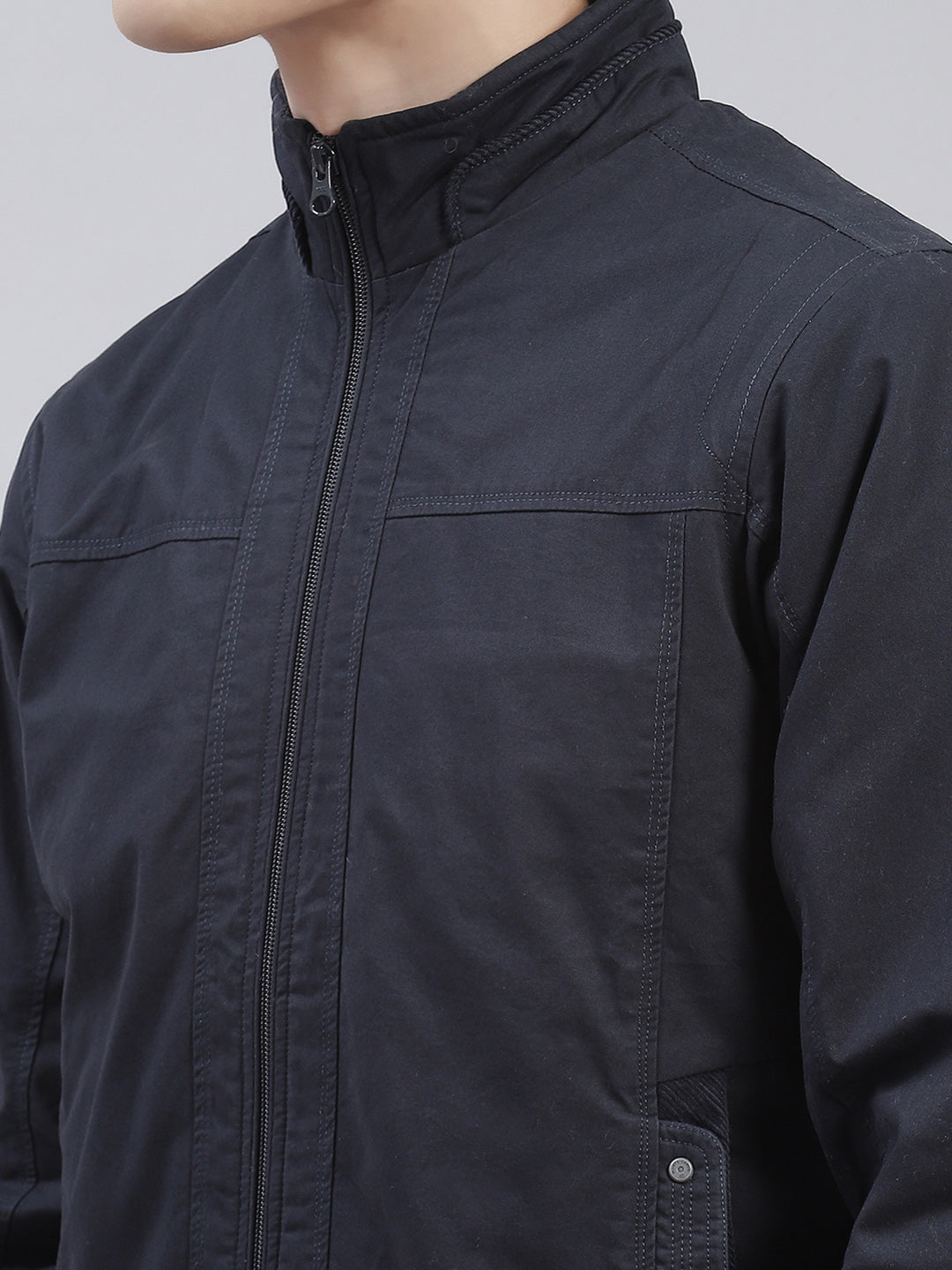 Men Navy Blue Solid Stand Collar Full Sleeve Jackets
