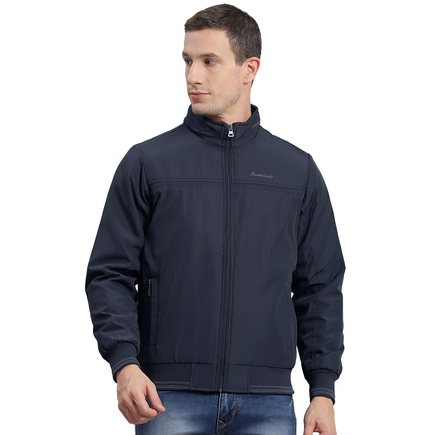 Men Navy Blue Solid Stand Collar Full Sleeve Jacket