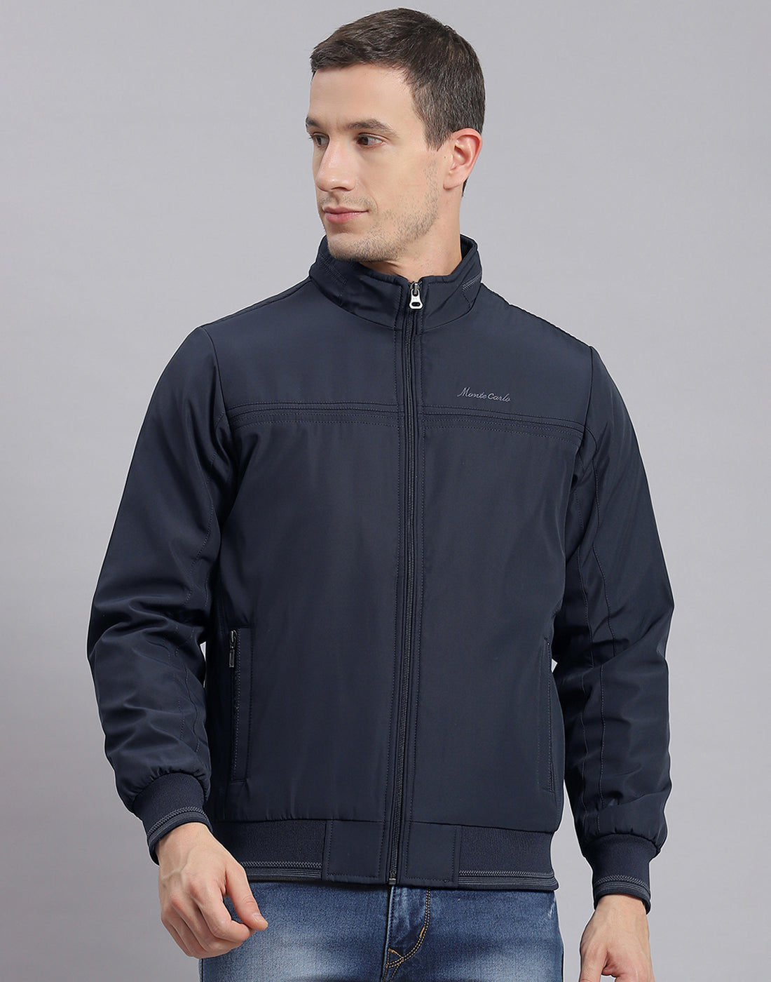 Men Navy Blue Solid Stand Collar Full Sleeve Jacket