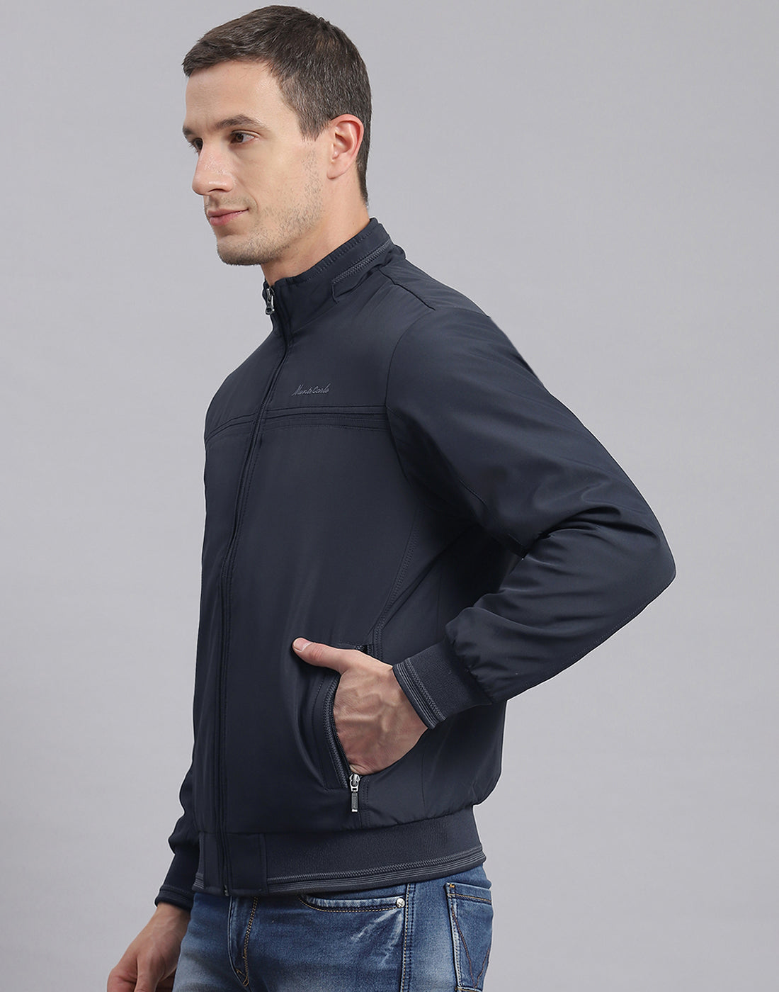 Men Navy Blue Solid Stand Collar Full Sleeve Jacket