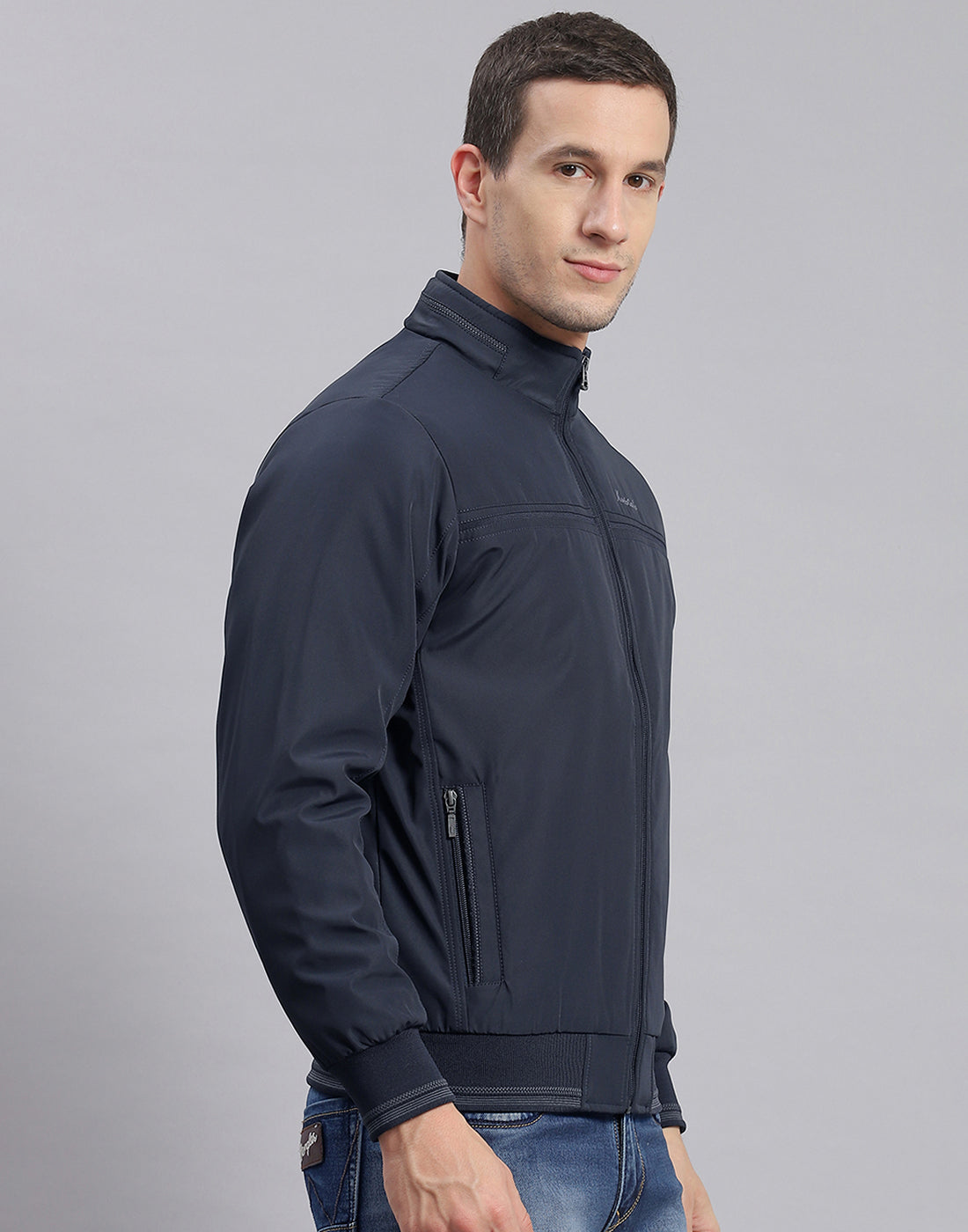 Men Navy Blue Solid Stand Collar Full Sleeve Jacket
