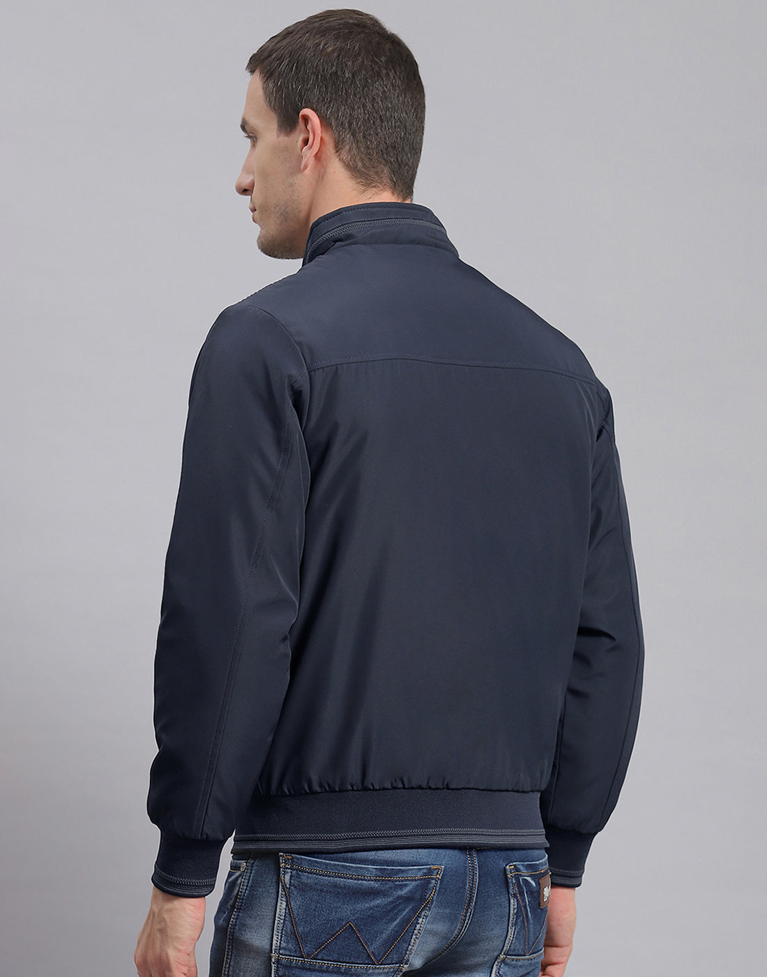 Men Navy Blue Solid Stand Collar Full Sleeve Jacket