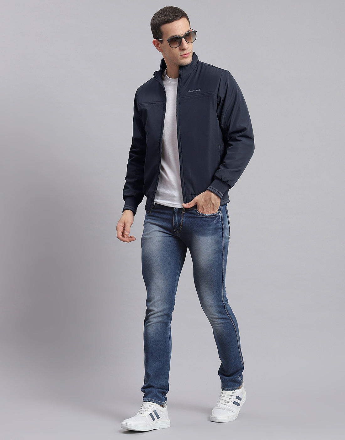 Men Navy Blue Solid Stand Collar Full Sleeve Jacket