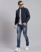 Men Navy Blue Solid Stand Collar Full Sleeve Jacket
