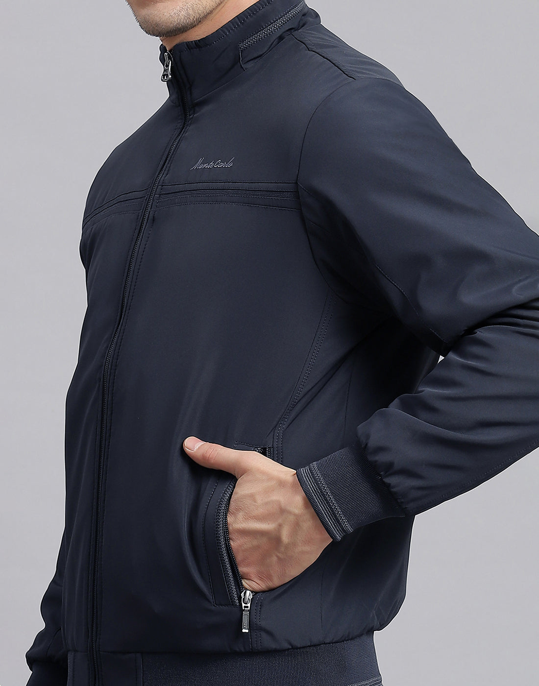 Men Navy Blue Solid Stand Collar Full Sleeve Jacket