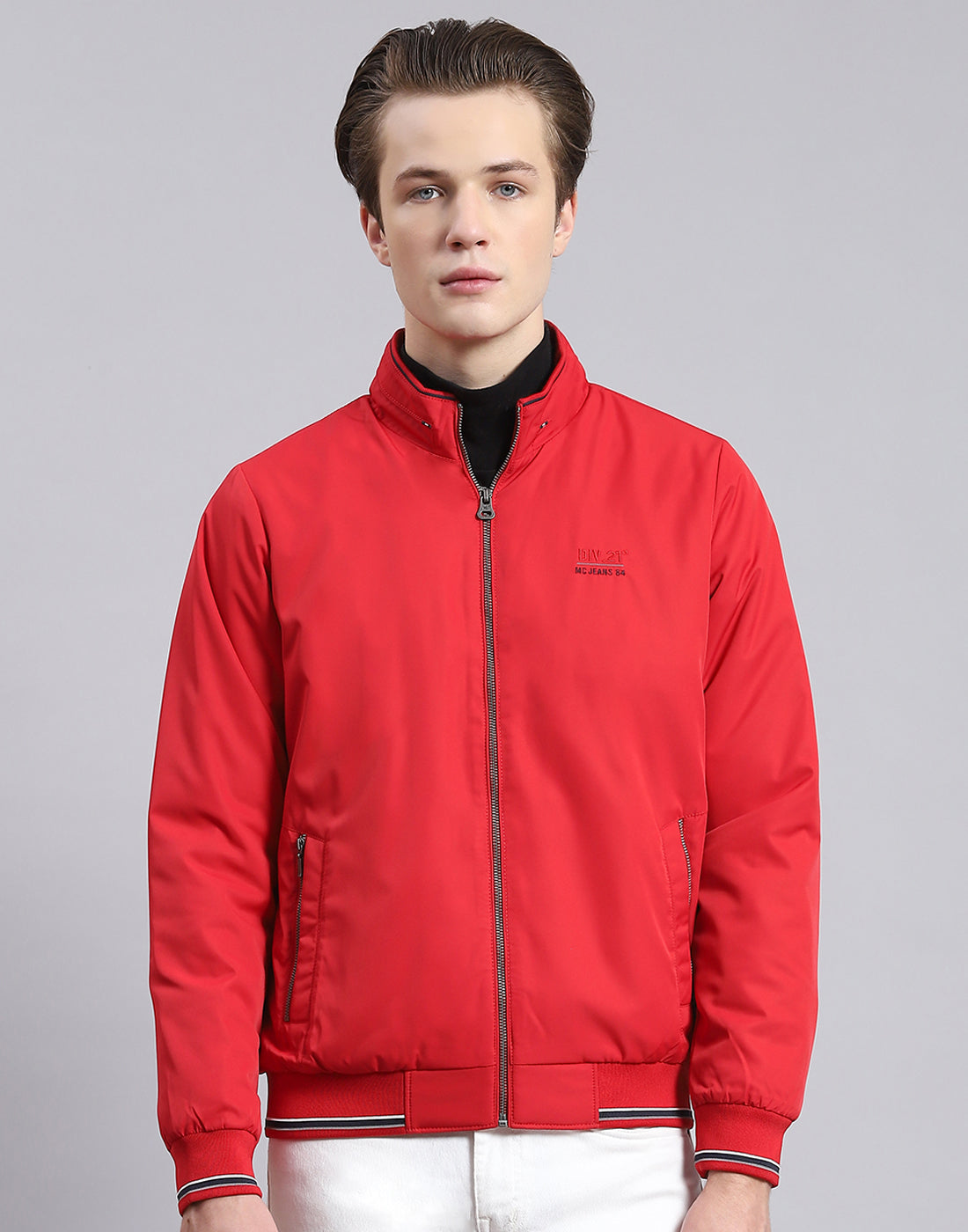 Men Red Solid Stand Collar Full Sleeve Jacket