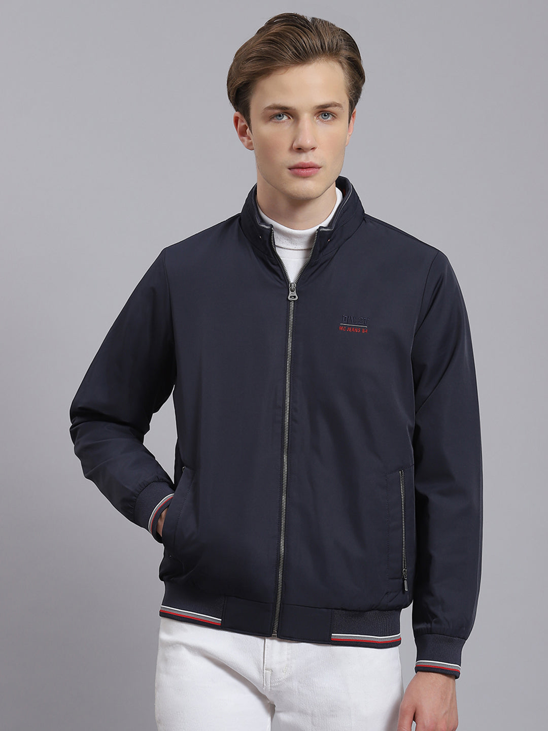 Men Navy Blue Solid Stand Collar Full Sleeve Jacket