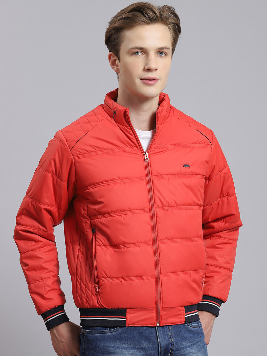 Men Red Solid Stand Collar Full Sleeve Jacket