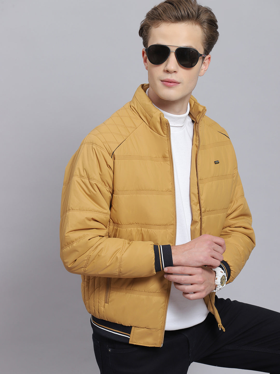 Men Brown Solid Stand Collar Full Sleeve Jacket