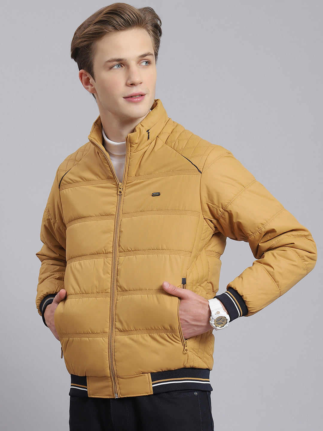 Men Brown Solid Stand Collar Full Sleeve Jacket