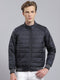 Men Navy Blue Solid Stand Collar Full Sleeve Jacket