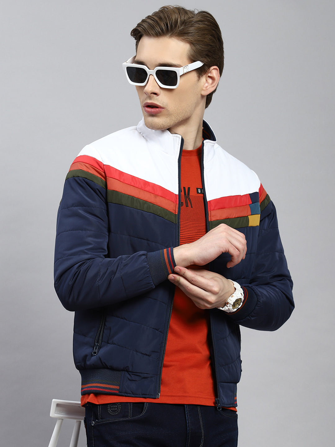 Men Navy Blue Plain Jacket