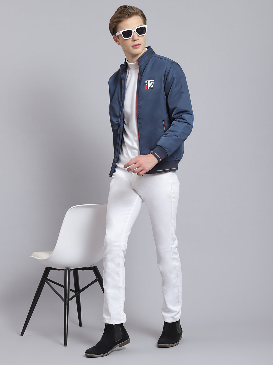 Men Navy Blue Solid Stand Collar Full Sleeve Jacket