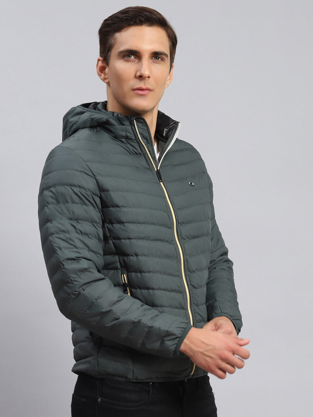Men Blue Solid Polyester Blend Jacket