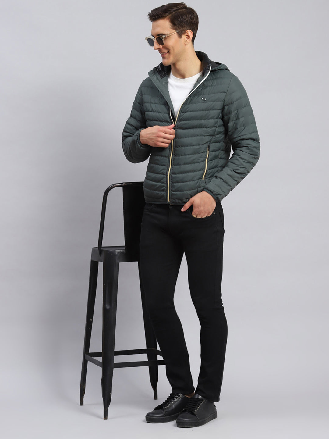 Men Blue Solid Polyester Blend Jacket