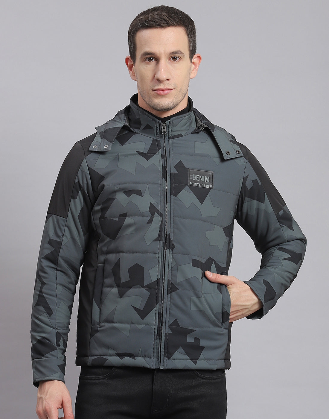 Men Grey Printed Hooded Full Sleeve Jacket