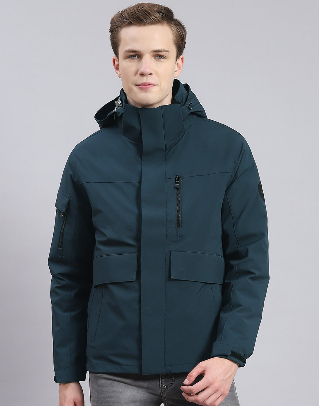 Men Teal Blue Solid Hooded Full Sleeve Jacket