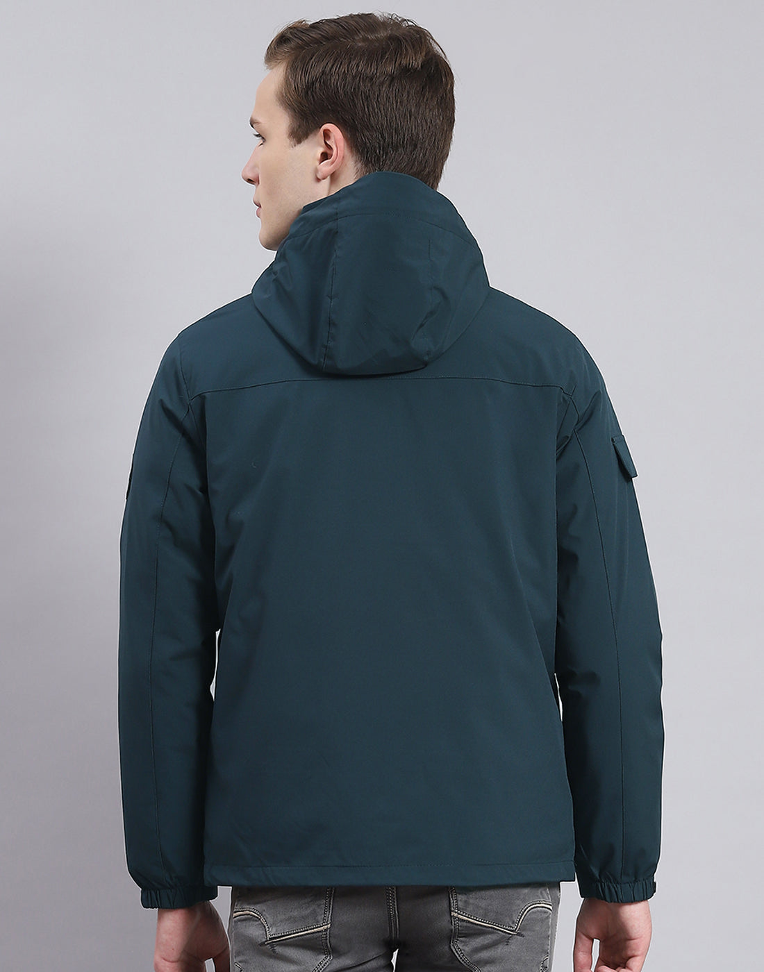 Men Teal Blue Solid Hooded Full Sleeve Jacket