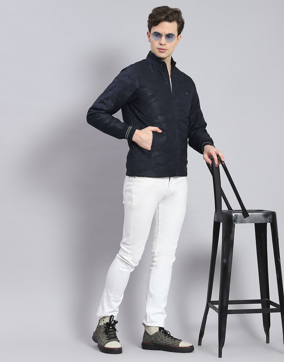Men Navy Blue Solid Stand Collar Full Sleeve Jacket