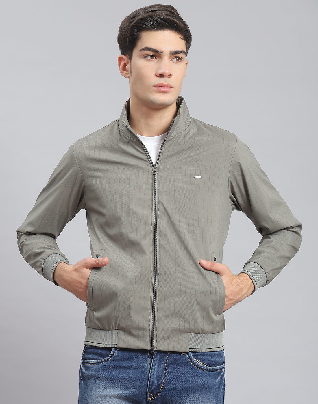 Men Green Stripe Stand Collar Full Sleeve Jacket