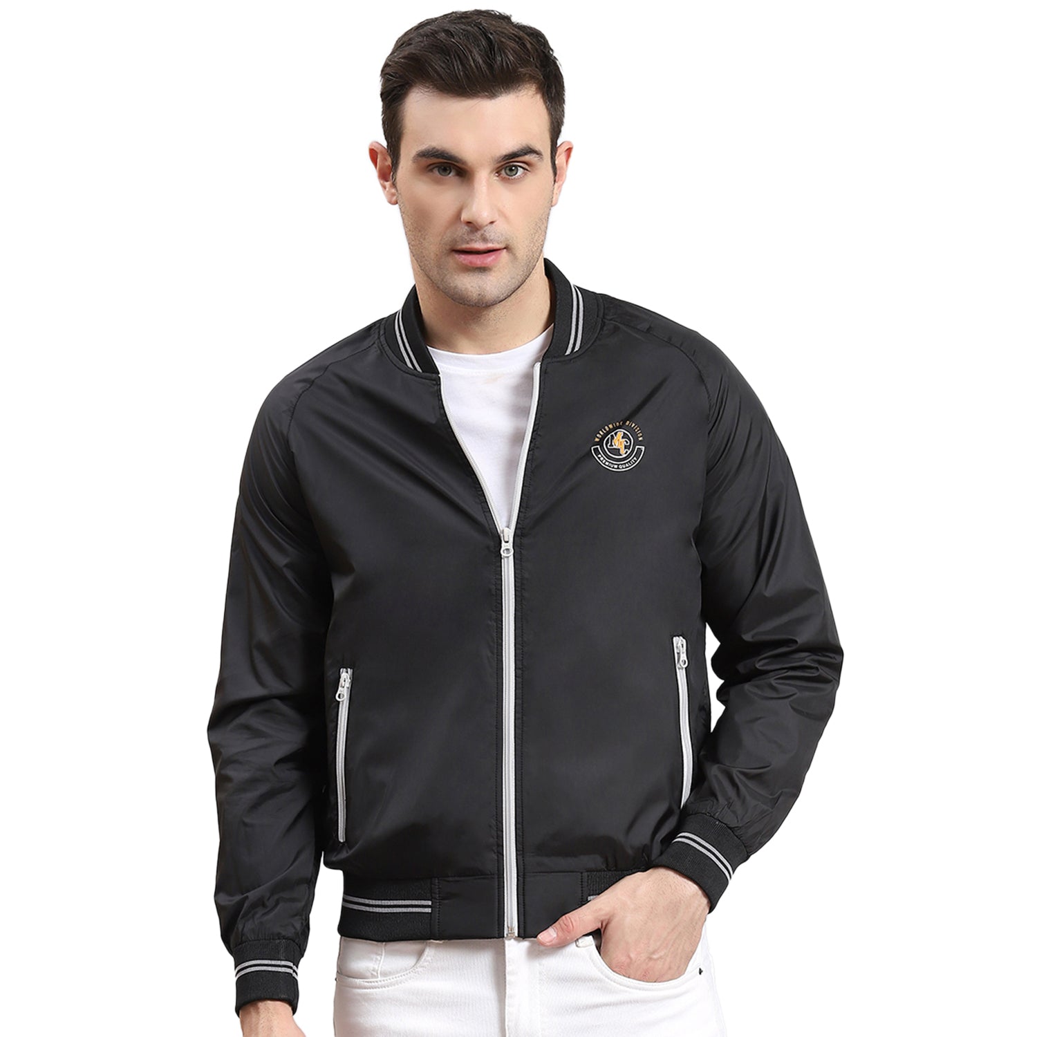 Men Black Solid Mandarin Collar Full Sleeve Jacket