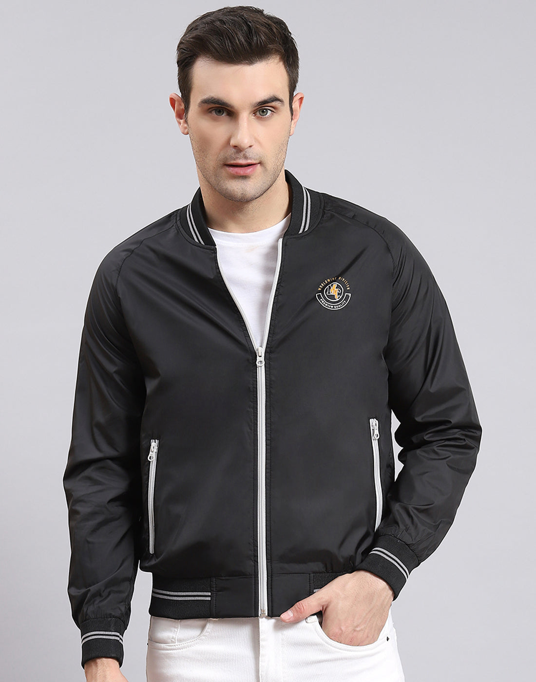 Men Black Solid Mandarin Collar Full Sleeve Jacket