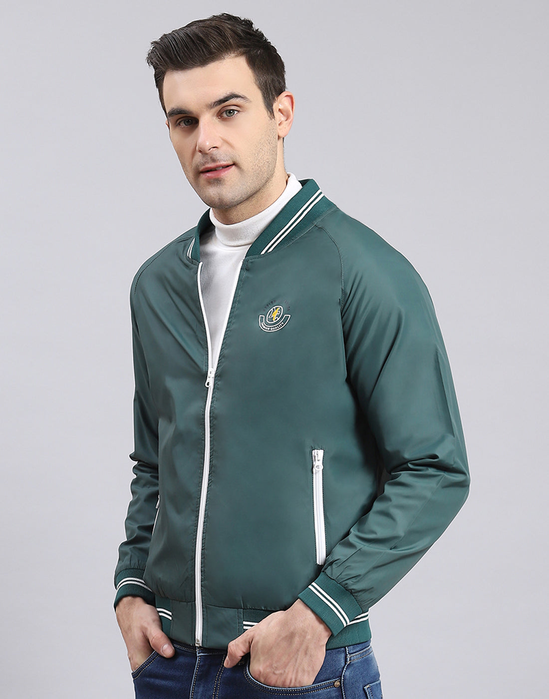 Men Teal Blue Solid Mandarin Collar Full Sleeve Jacket