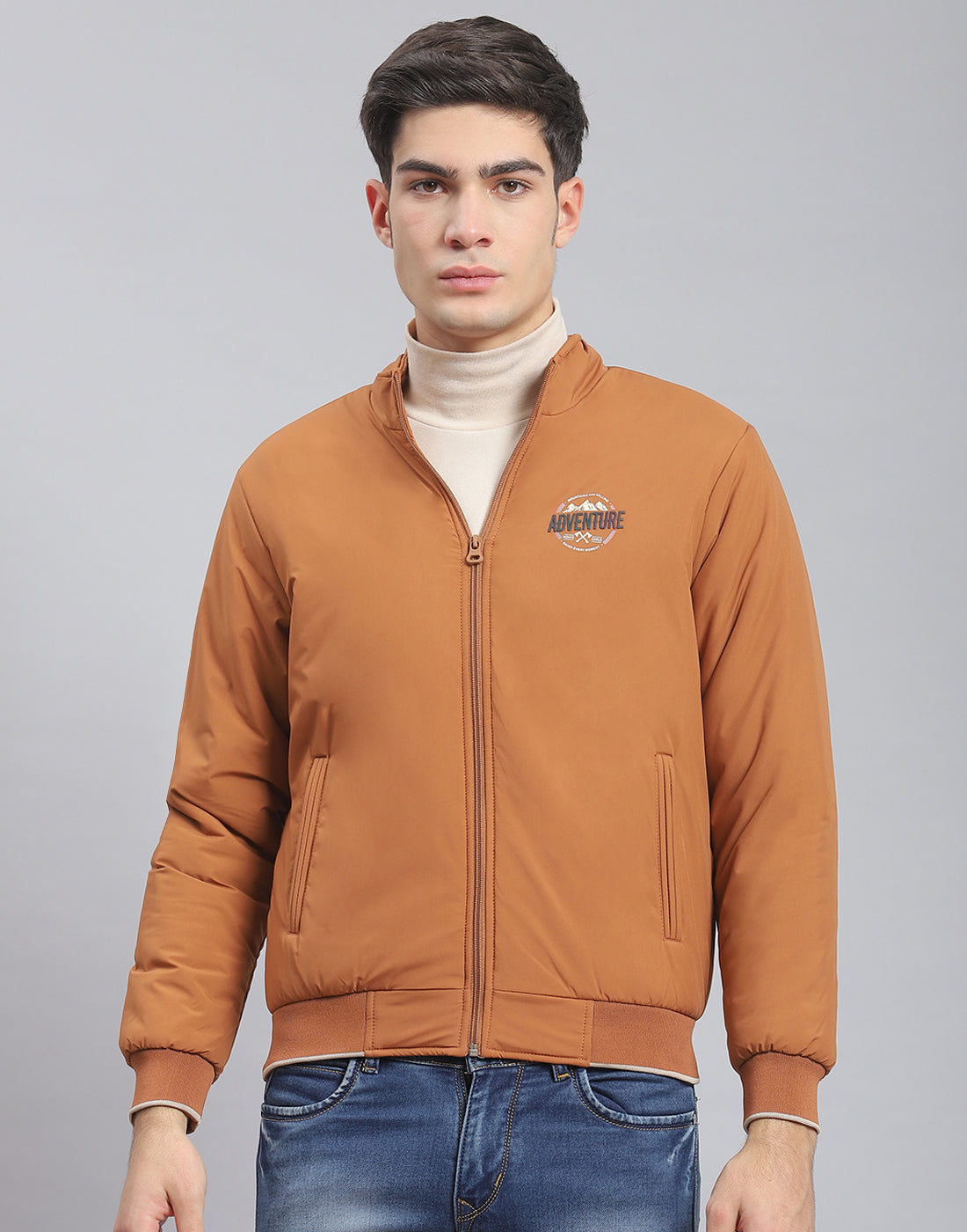 Men Brown Solid Stand Collar Full Sleeve Jacket