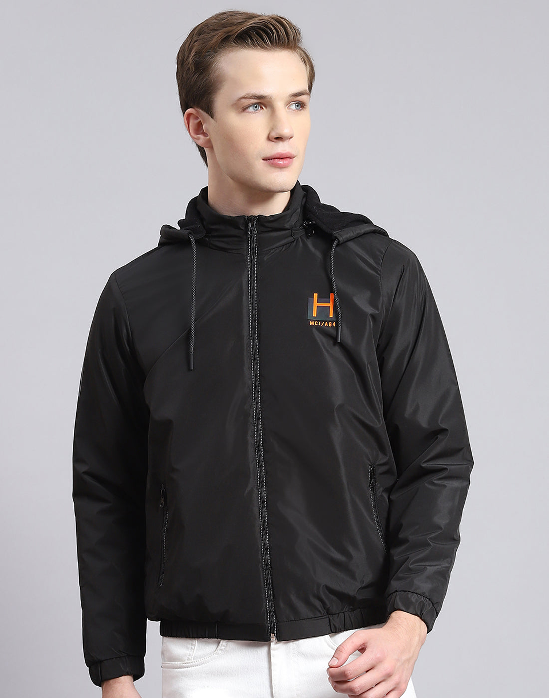 Men Black Solid Hooded Full Sleeve Jacket