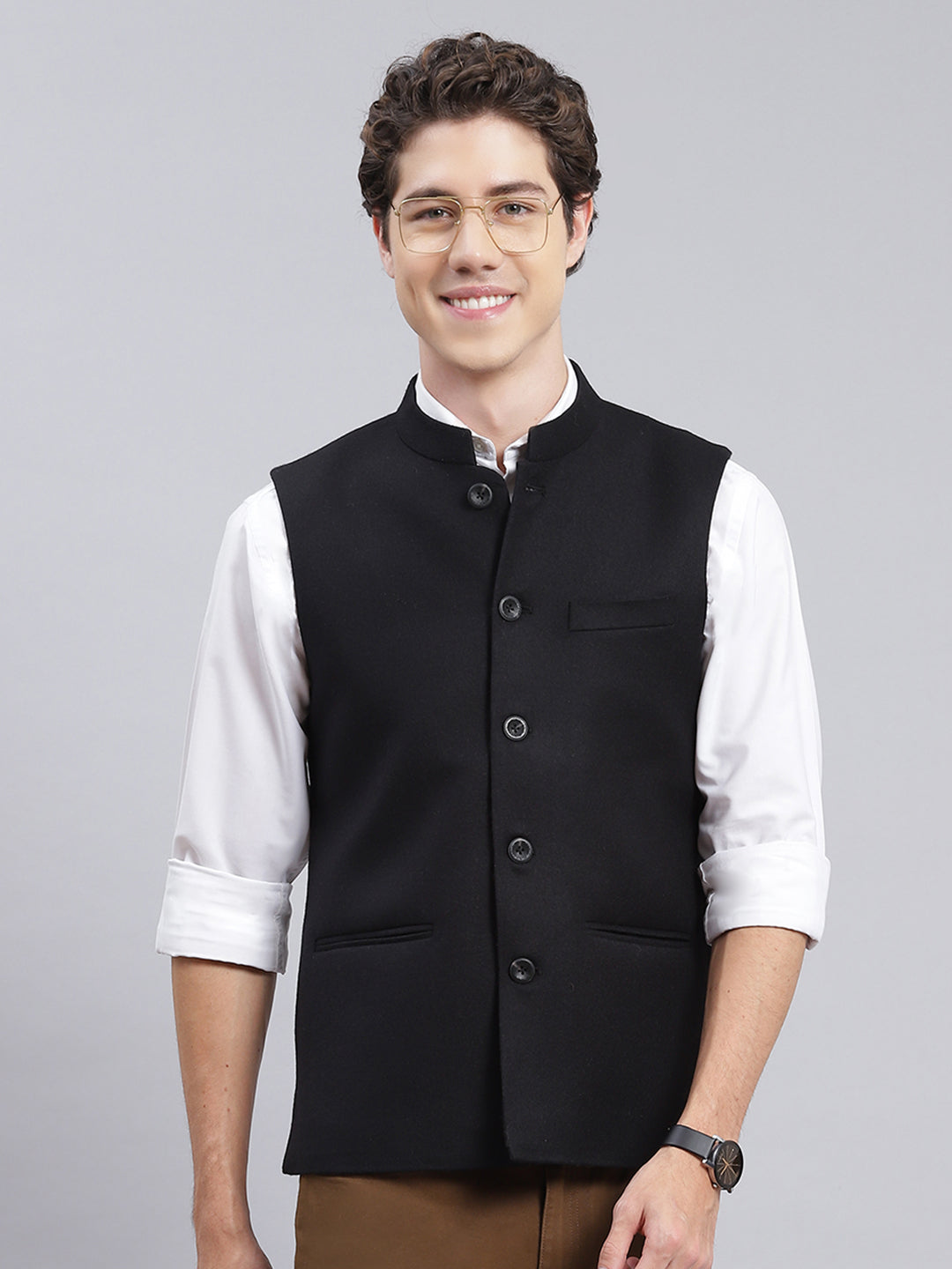 Men Black Solid Wool blend Coat
