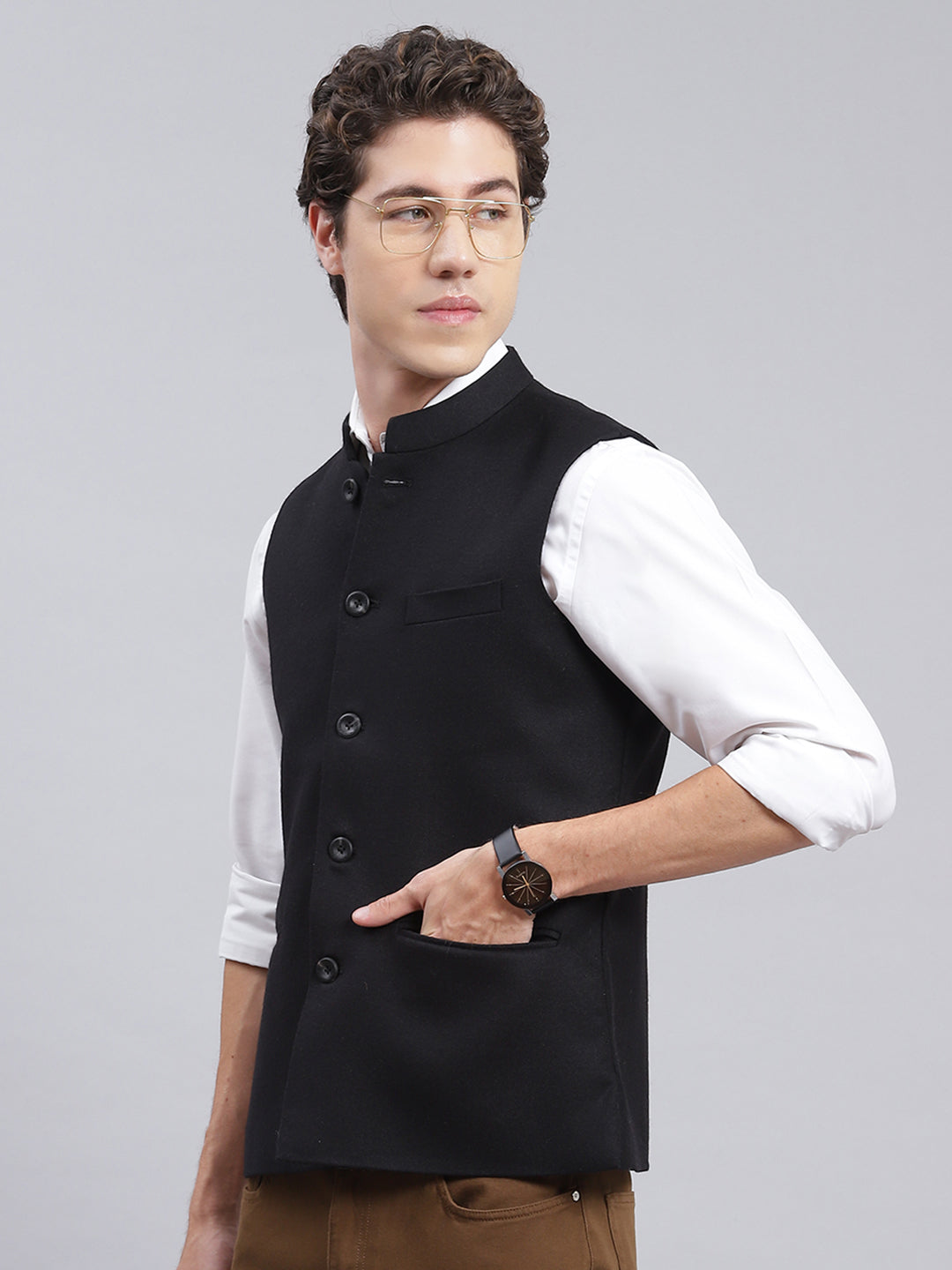 Men Black Solid Wool blend Coat
