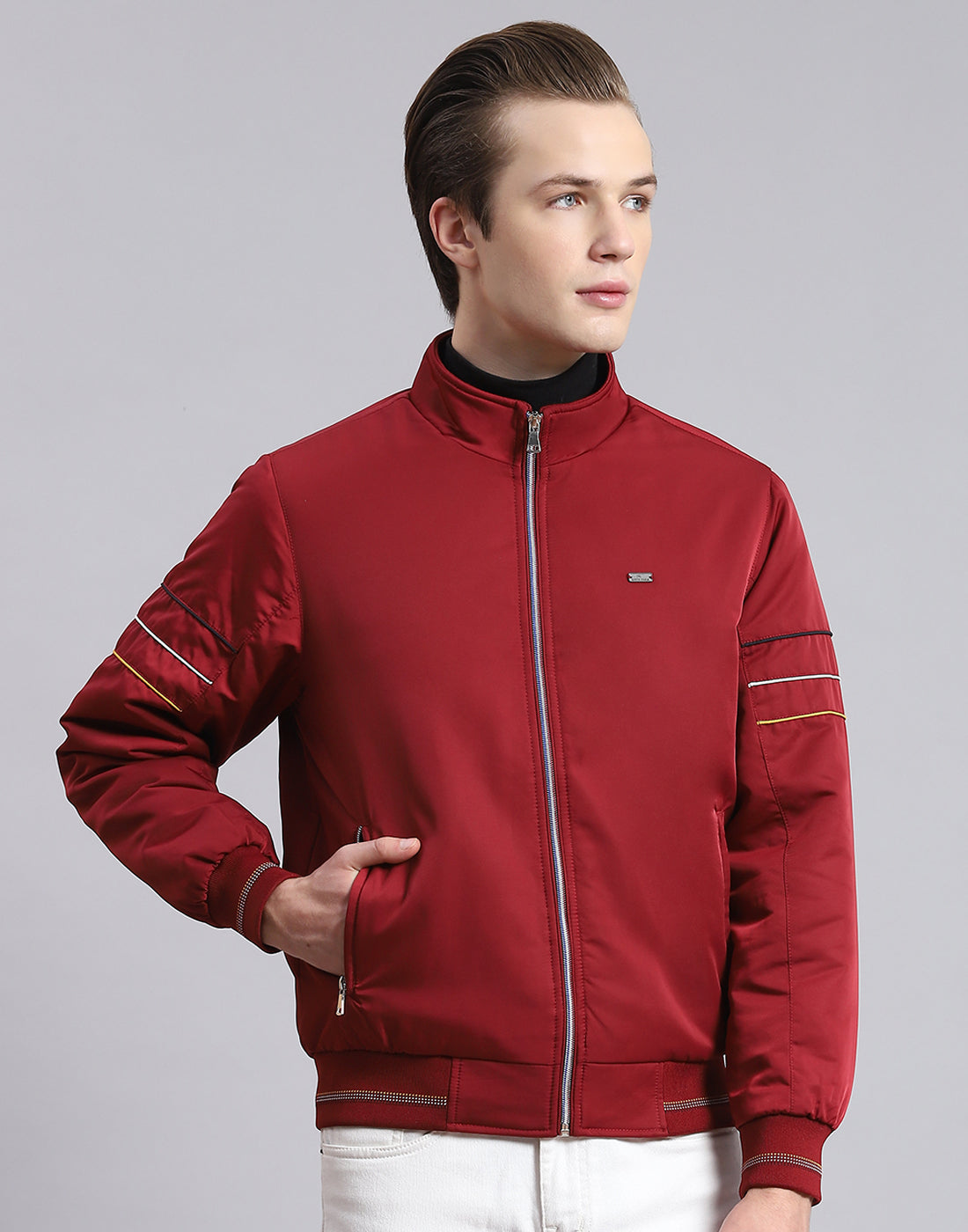 Men Maroon Solid Stand Collar Full Sleeve Jacket