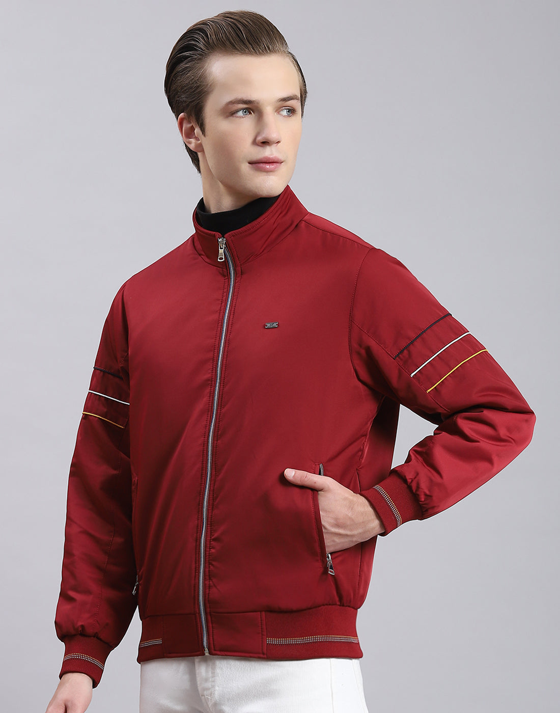 Men Maroon Solid Stand Collar Full Sleeve Jacket