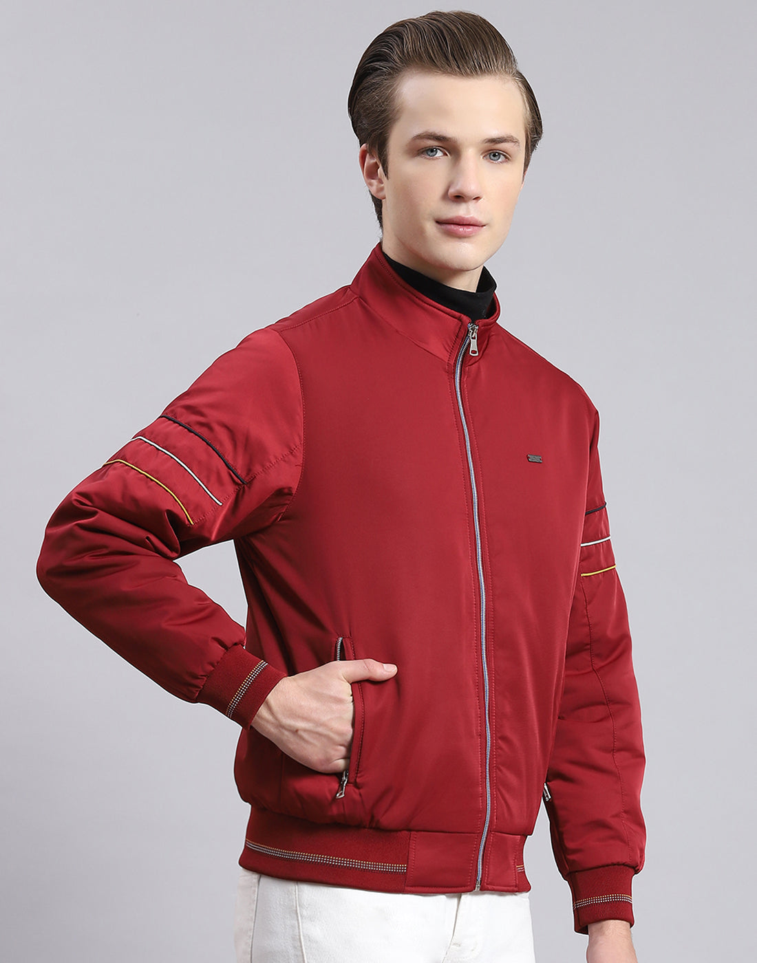 Men Maroon Solid Stand Collar Full Sleeve Jacket