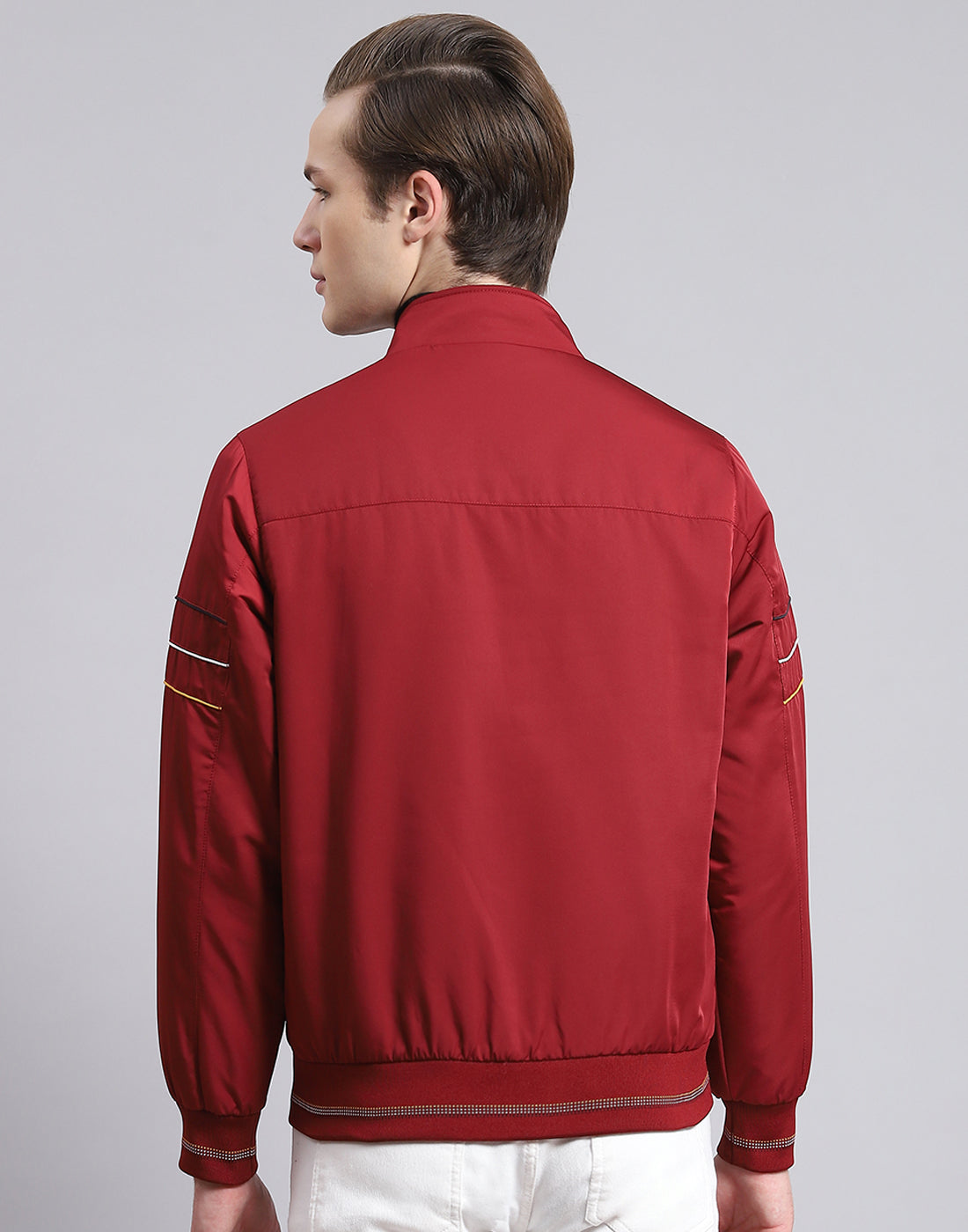 Men Maroon Solid Stand Collar Full Sleeve Jacket