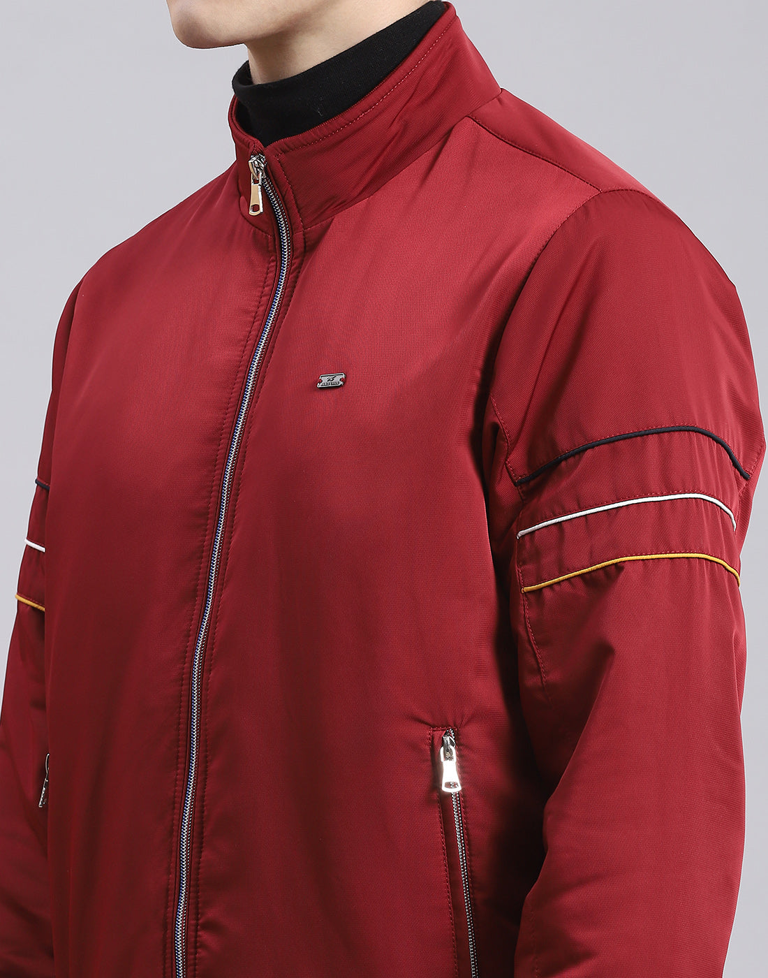 Men Maroon Solid Stand Collar Full Sleeve Jacket