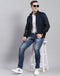 Men Navy Blue Check Stand Collar Full Sleeve Coat