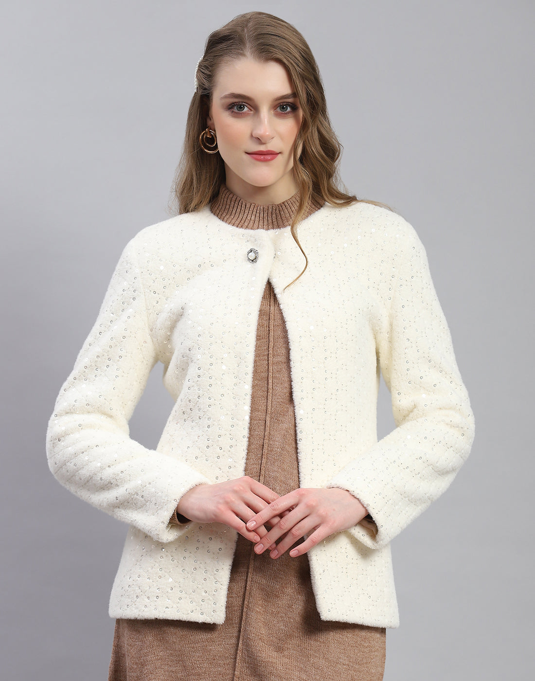 Women White Embellished H Neck Full Sleeve Coat