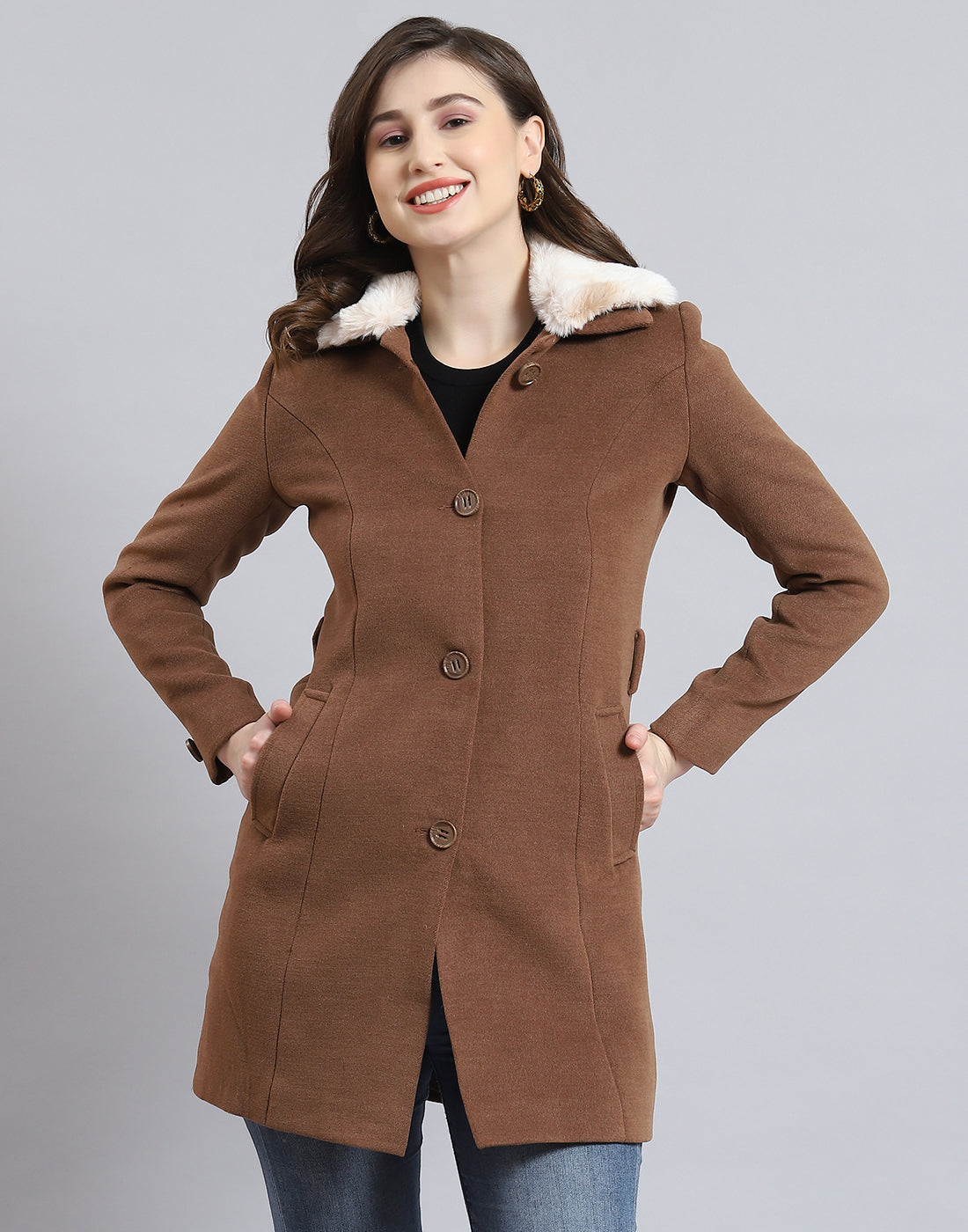 Women Brown Solid Collar Full Sleeve Coat