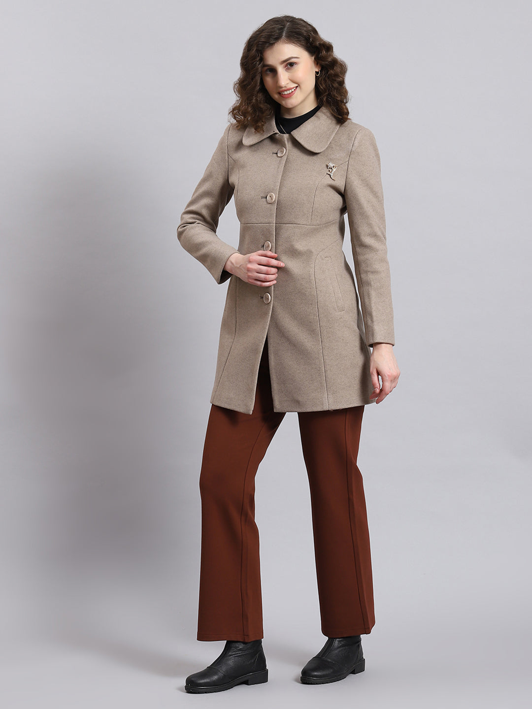 Women Brown Solid Collar Full Sleeve Coat