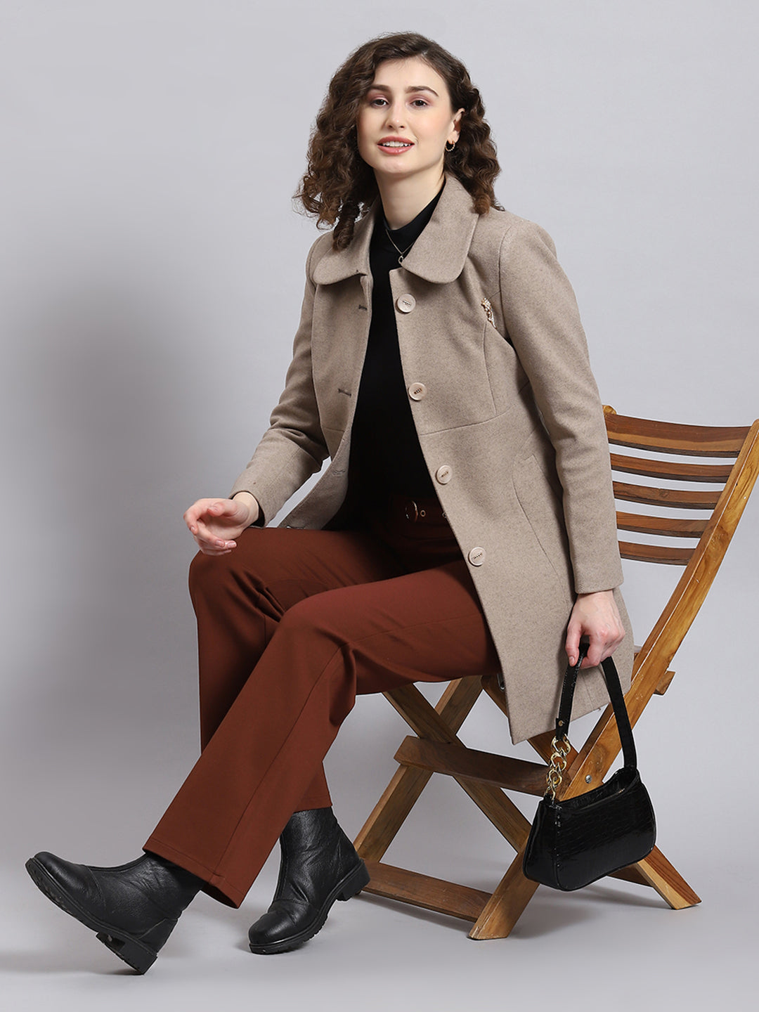 Women Brown Solid Collar Full Sleeve Coat