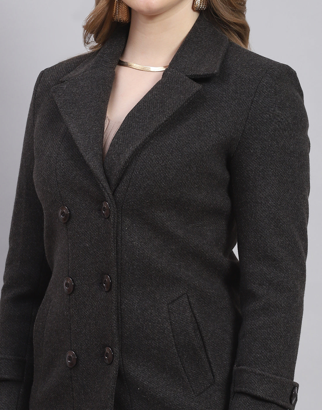 Women Black Solid Lapel Collar Full Sleeve Coat