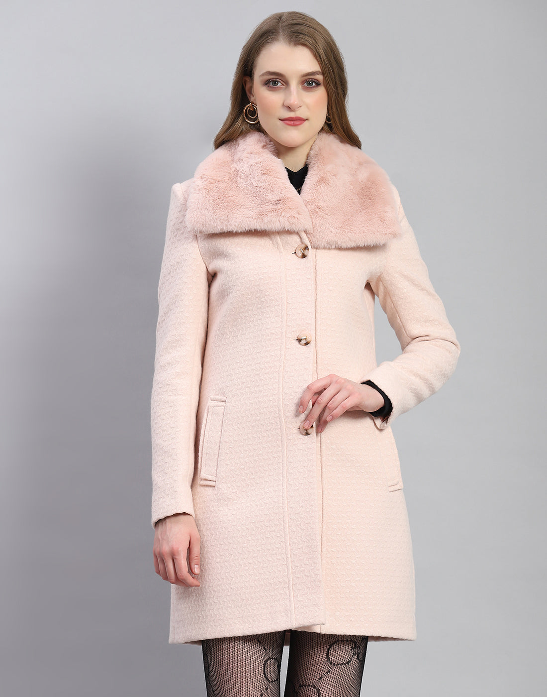 Women Pink Self Design Collar Full Sleeve Coat