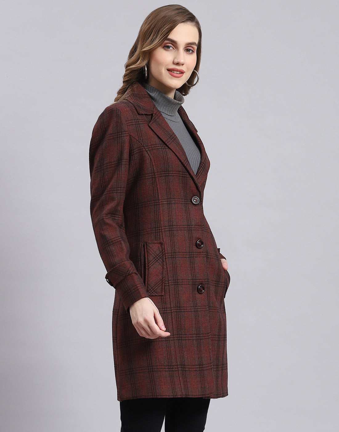 Women Maroon Check Lapel Collar Full Sleeve Coat